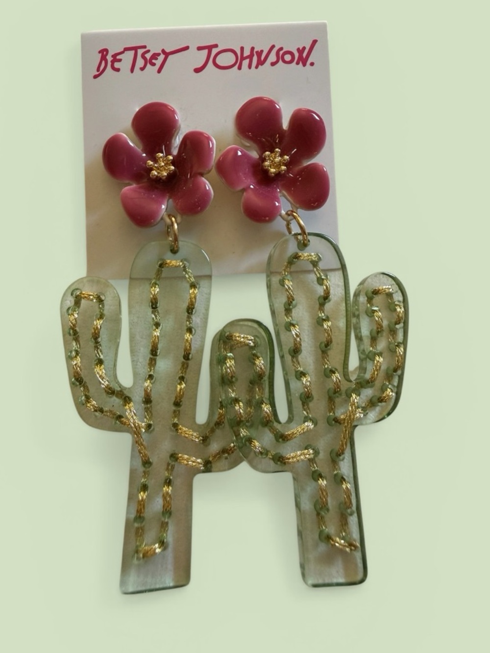 Betsey Johnson Pink Flower with Green Cactus Drop Earrings